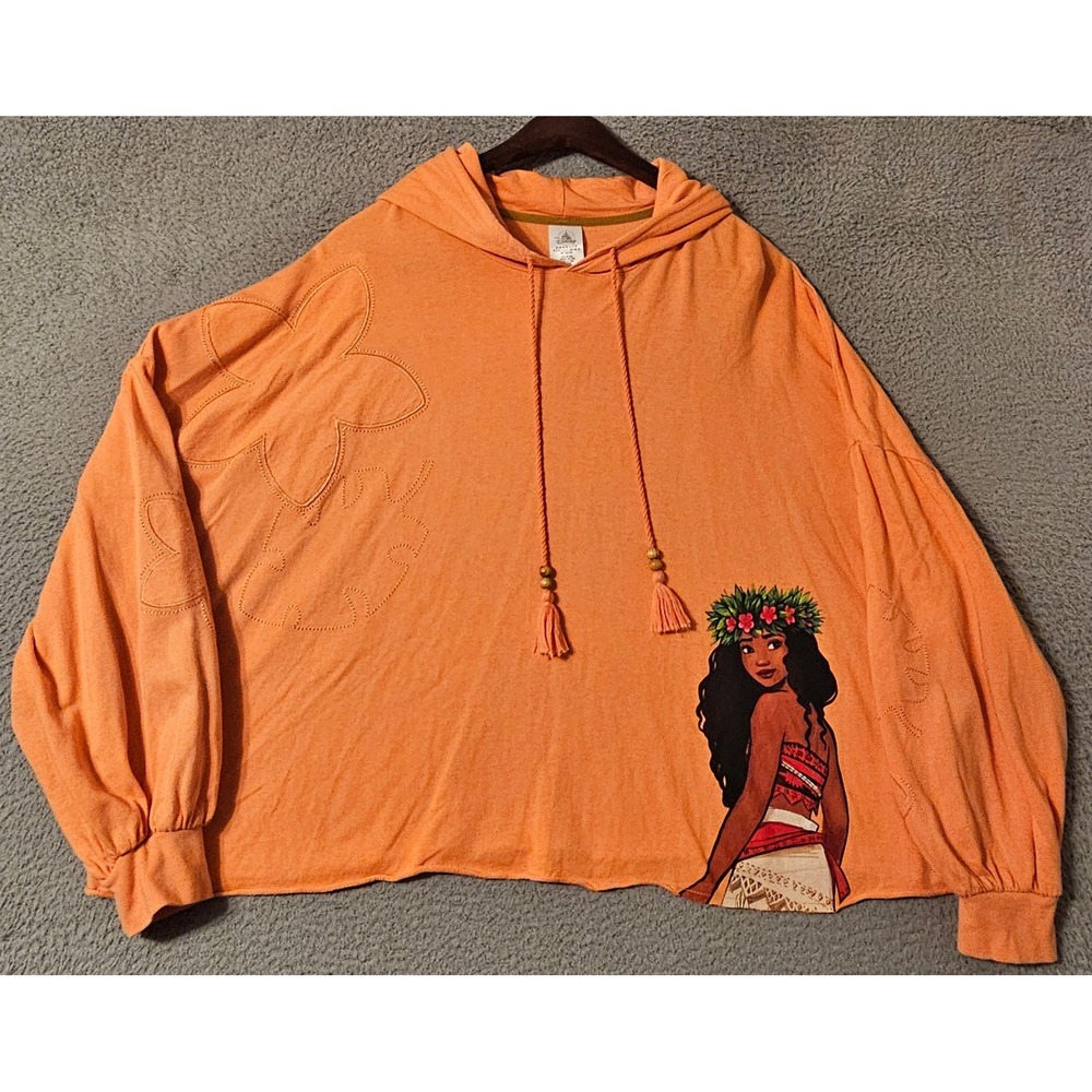 Disney Moana Graphic Hoodie Pink Cropped Tassel Balloon Sleeve Womens 2X